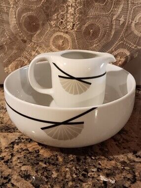 ROYAL MOSA White Ceramic Serving Bowl & Creamer with Geometric Fan Motif